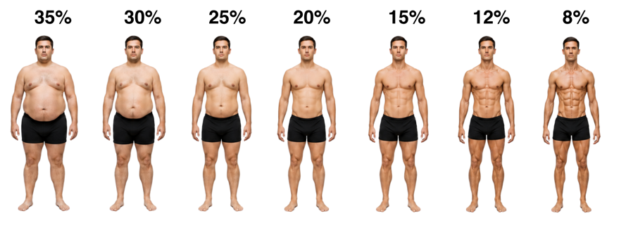 Men at body fat levels from about 35% down to 8%